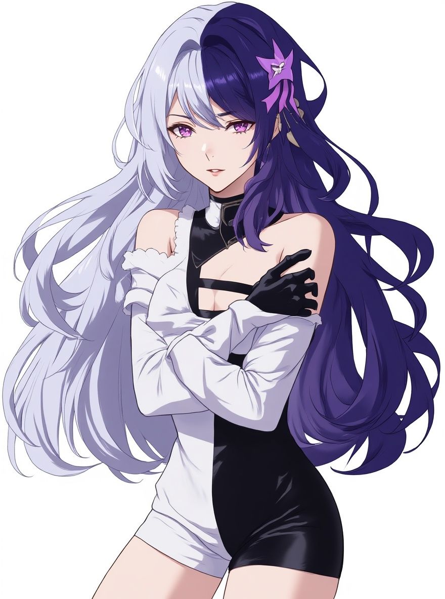 1girl, long hair, flowing hair, half white hair, half dark purple hair, pink-purple eyes, black and white outfit, off-shoulder design, deep neckline, purple flower hair accessory, light breeze, soft lighting, bright blue sky, serene expression, confident expression, elegant appearance, alluring appearance, One Piece style, original character, b98d55c2-ac63-4306-bef4-401232991f9f, single character, full body, looking at viewer, simple background, white background