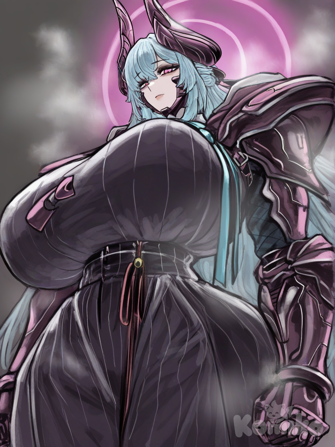 Mysterious pink tech armor woman fighter