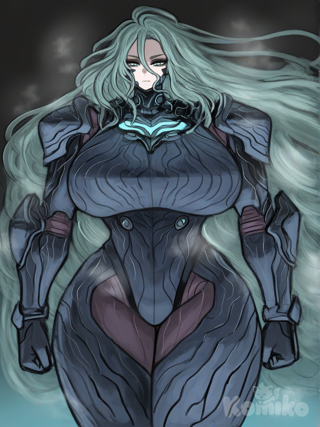 Strong green colored technology armor woman