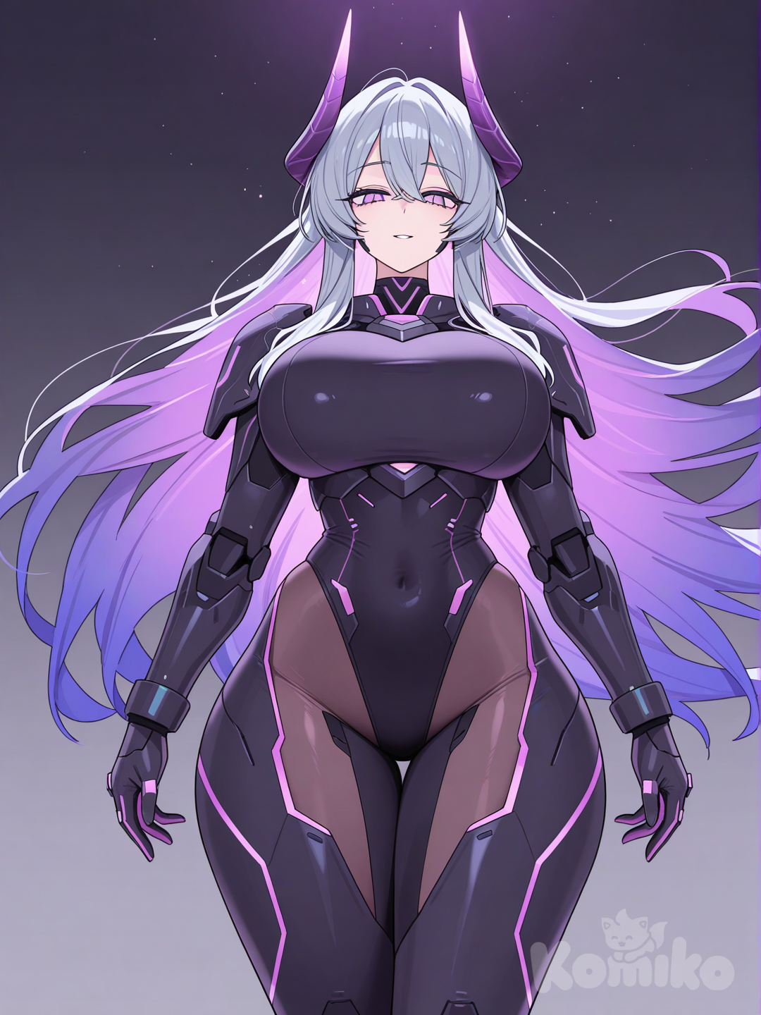 Mysterious fantasy purple colored tech armor woman