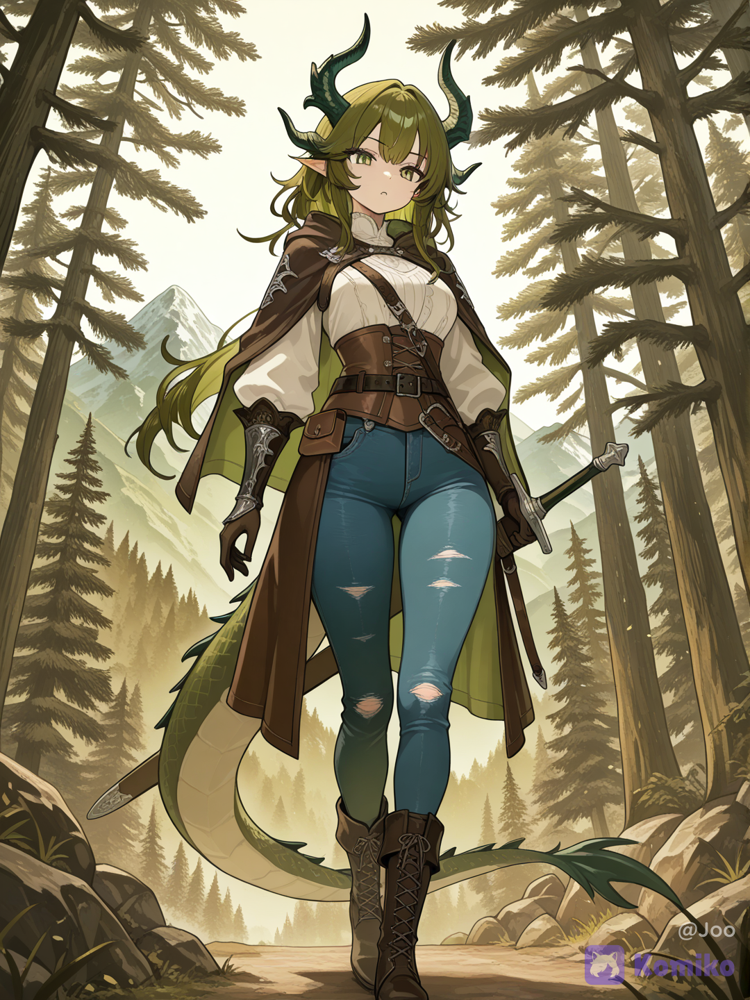 Dragon woman wanderer of forest land space