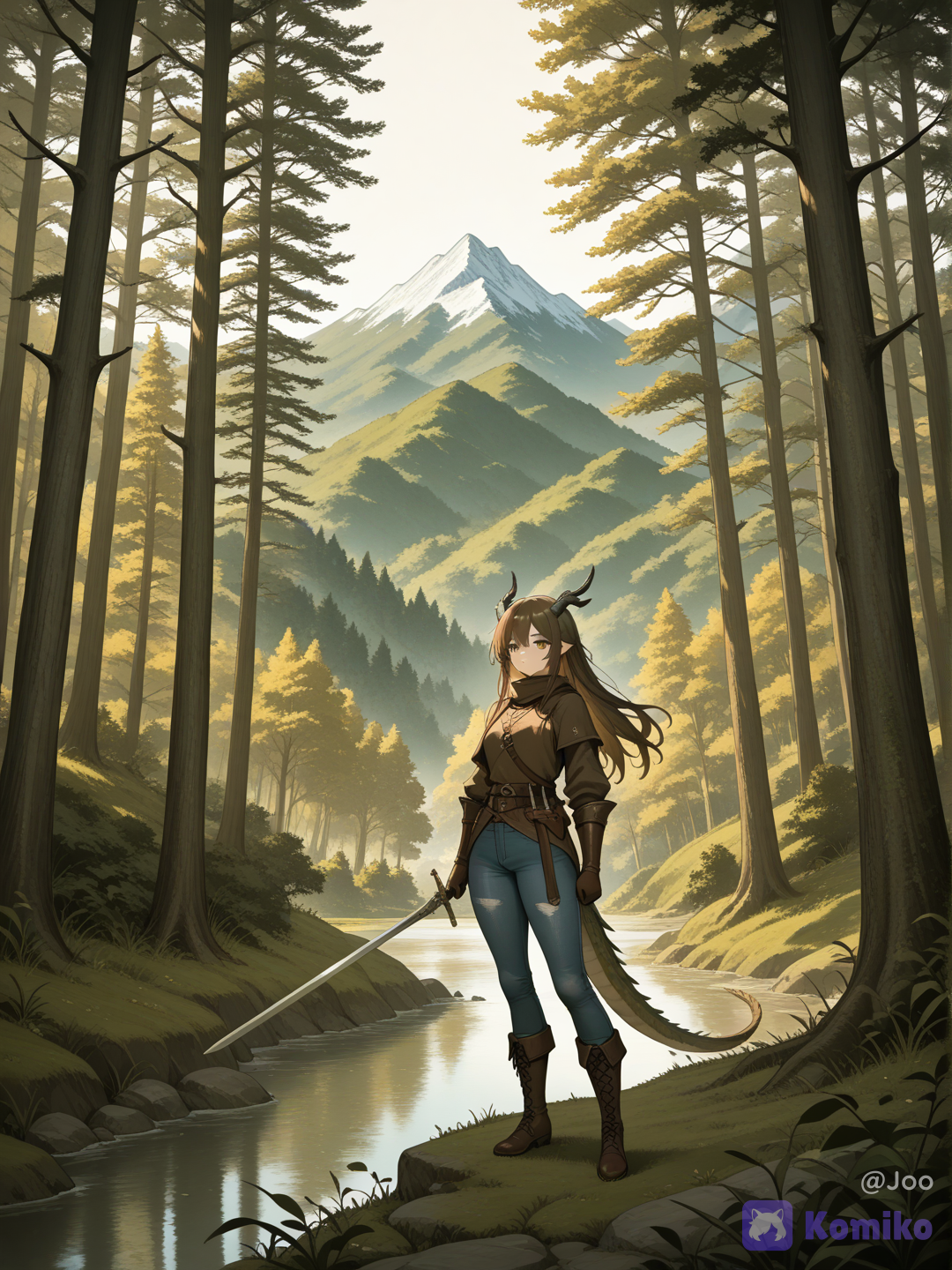 Dragon woman warrior of forest land scape