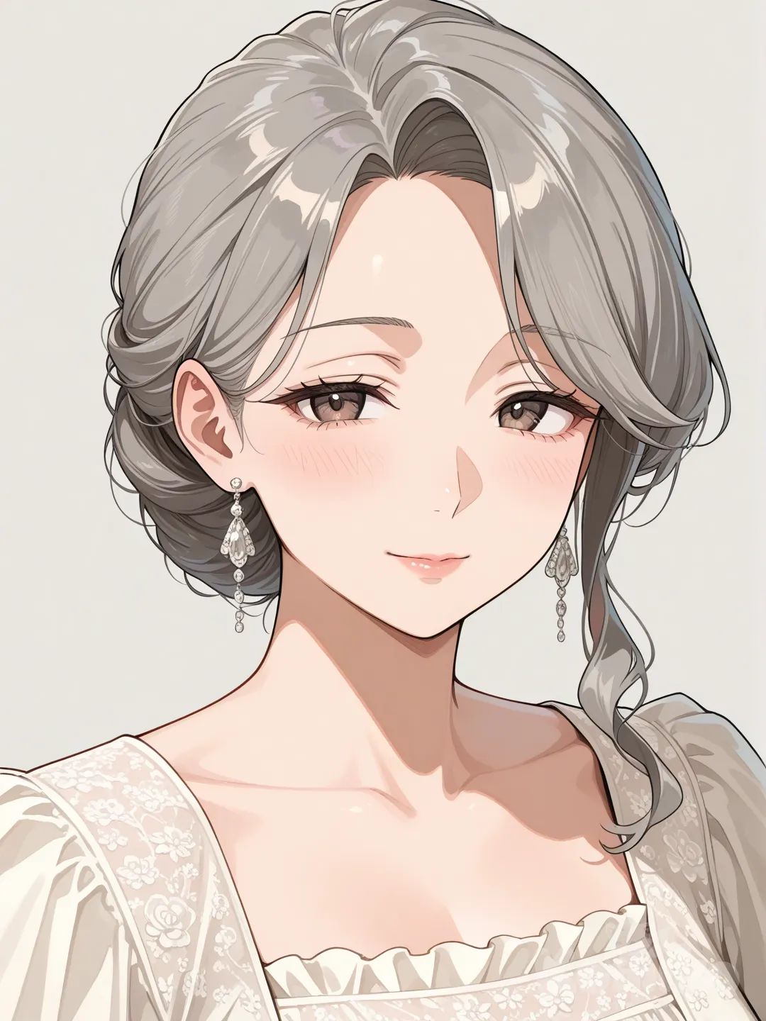 a beautiful woman, with short, gray hair, slight wrinkles on her face, an elegant, old dress