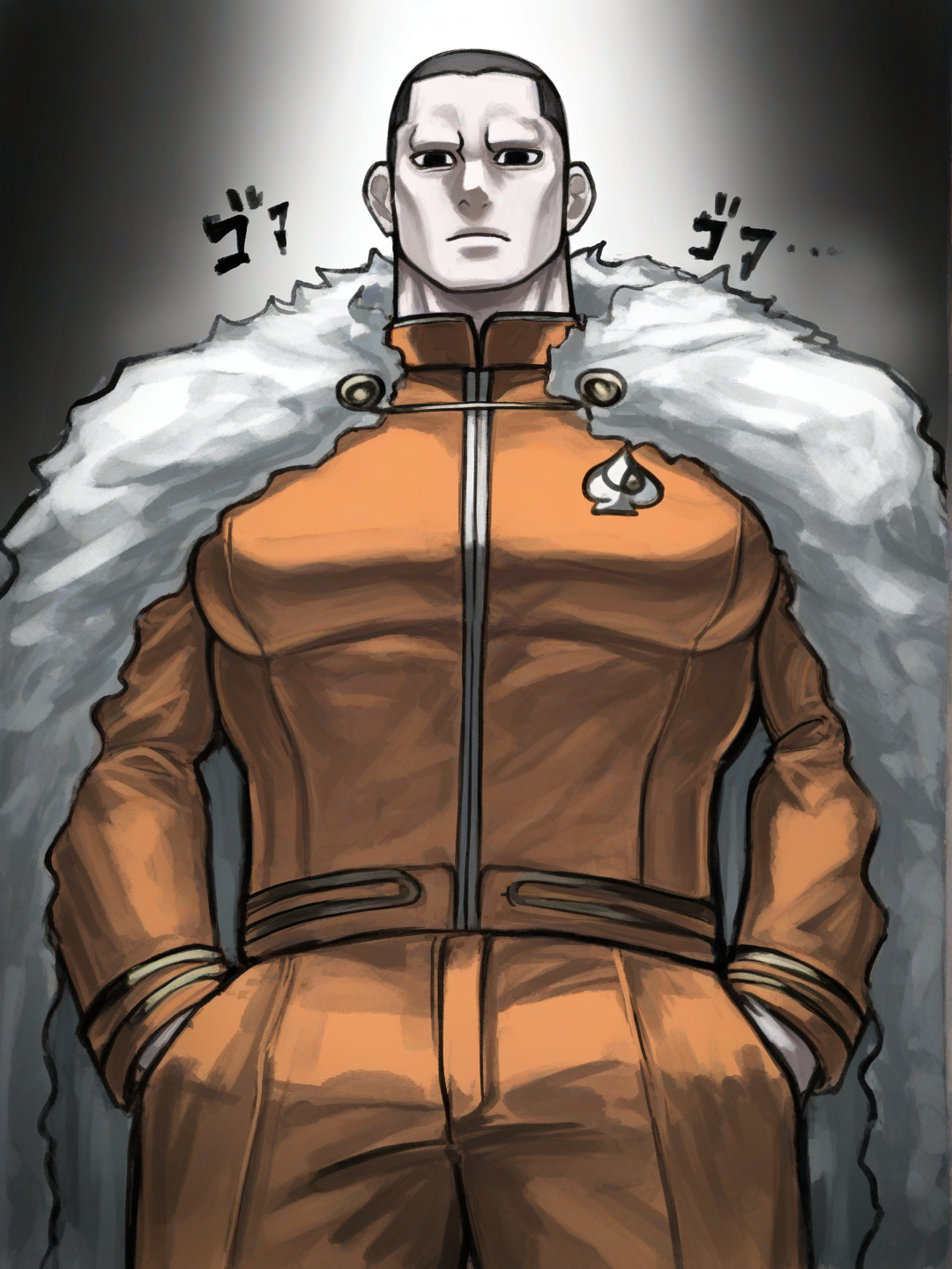 [sketchy-painterly-style] 1boy, black_hair, buzzcut, thick_eyebrows, stern_expression, small_eyes, piercing_eyes, menacing, square_face, pronounced_facial_features, black_mustache, pale_skin, very_muscular, broad_shoulders, thick_neck, orange_and_white_suit, viltrumite, tight_clothes, angular_clothing, fur_cape, cape_over_shoulders, white_cape, authoritative_pose, dominant_pose, stiff_posture, single_character, full_body, looking_at_viewer, anime_style, simple_background, white_background