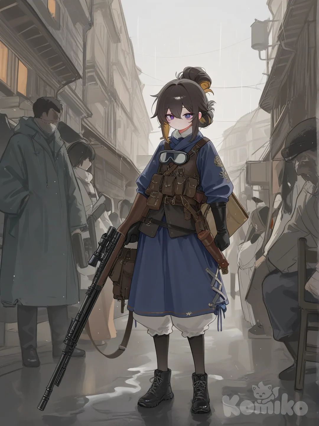 action-manga-style], una chica, vestimenta steampunk victoriano, holding gun, updo, steampunk goggle, full body, ultra-wide shot, cinematic lighting, rainy