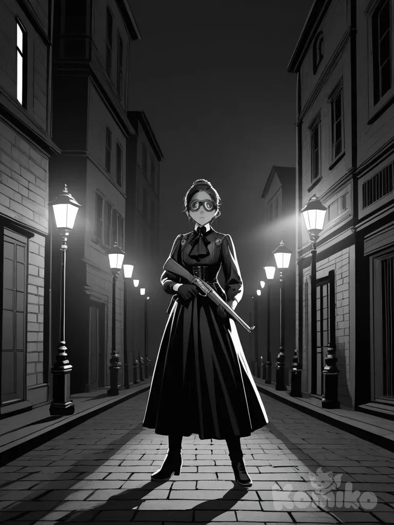 action_manga_style, mujer, vestimenta_steampunk_victoriano, gun, updo, steampunk_goggles, full_body, ultra_wide_shot, cinematic_lighting, detailed_background, atmospheric, dramatic_pose, black and white manga style, lineart, grayscale, sketch, soft shadow