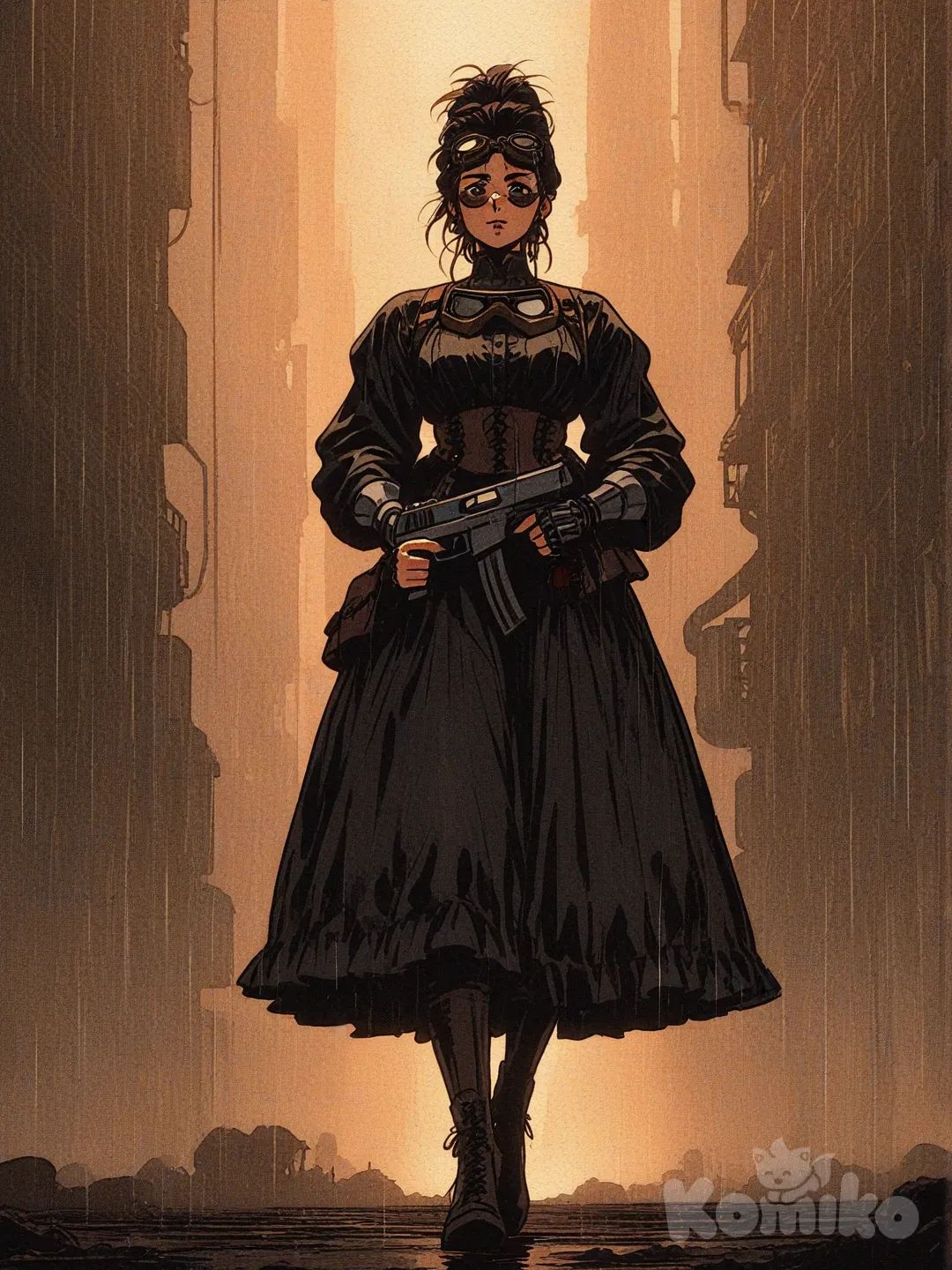 action-manga-style], una chica, vestimenta steampunk victoriano, holding gun, updo, steampunk goggle, full body, ultra-wide shot, cinematic lighting, rainy