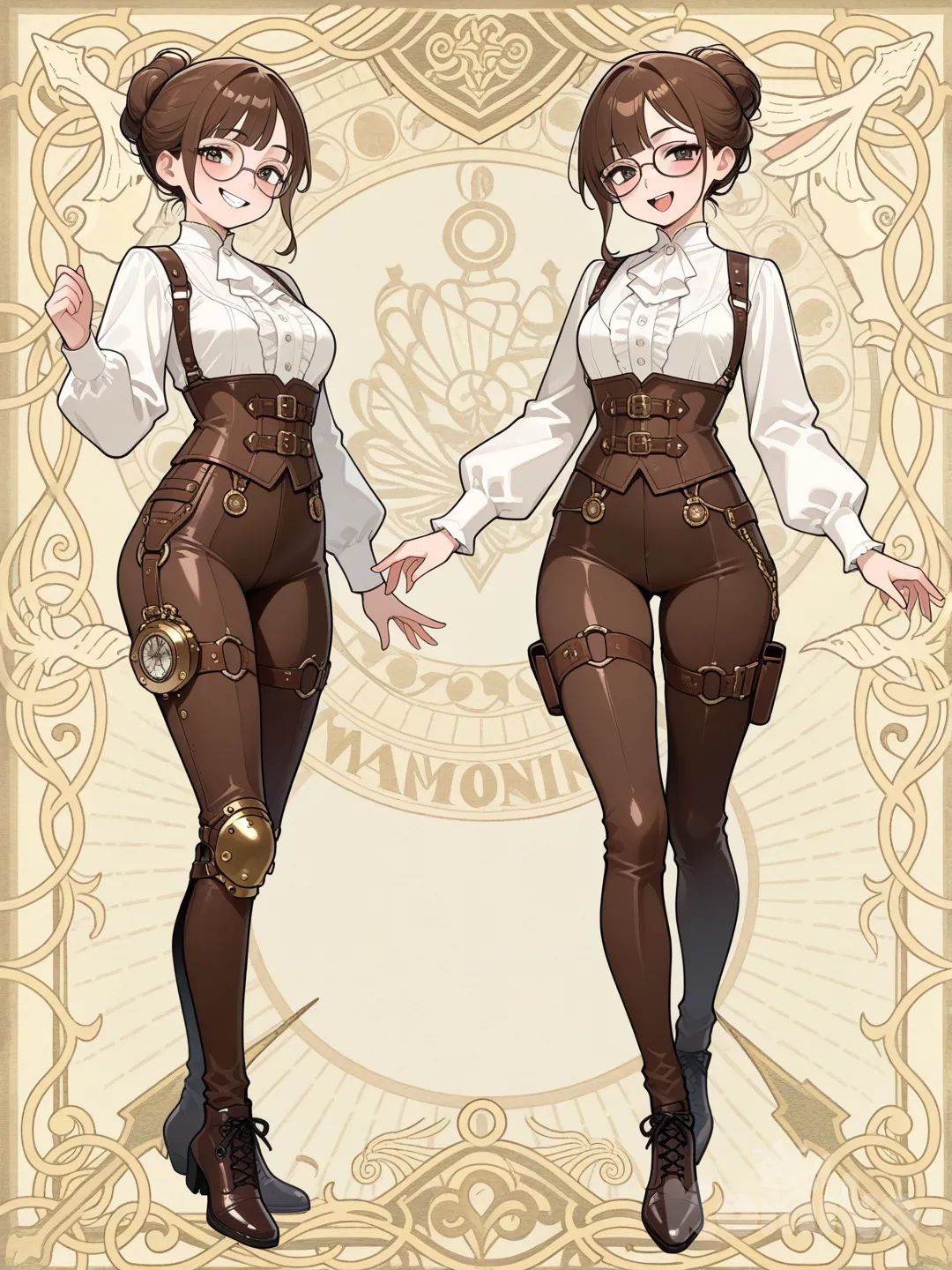 Chica de 27 años, full body, camisa manga larga blanca, outfit Steampunk victoriano con pantalón ajustado, sonrisa de dientes expresiva, cabello recogido con dos flequillos, y con gafas, varios angulos de vista
