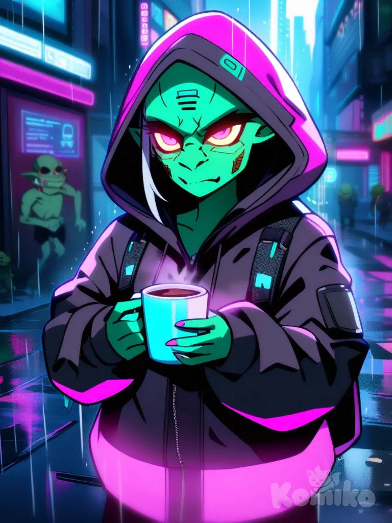 Neon-saturated cyberpunk anime goblin in an oversized glowing tech-hoodie with the hood up, jittery from caffeine, clutching a steaming holographic coffee canister. Bright magenta, cyan, and blue lights reflect off its skin. Rainy neon city backdrop, sharp anime linework, vibrant atmosphere