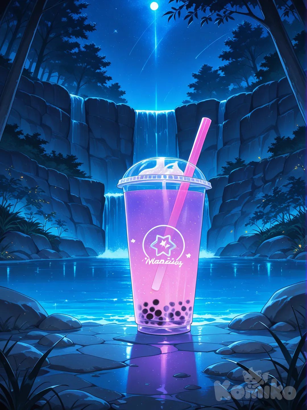 bubble tea, night, waterfall