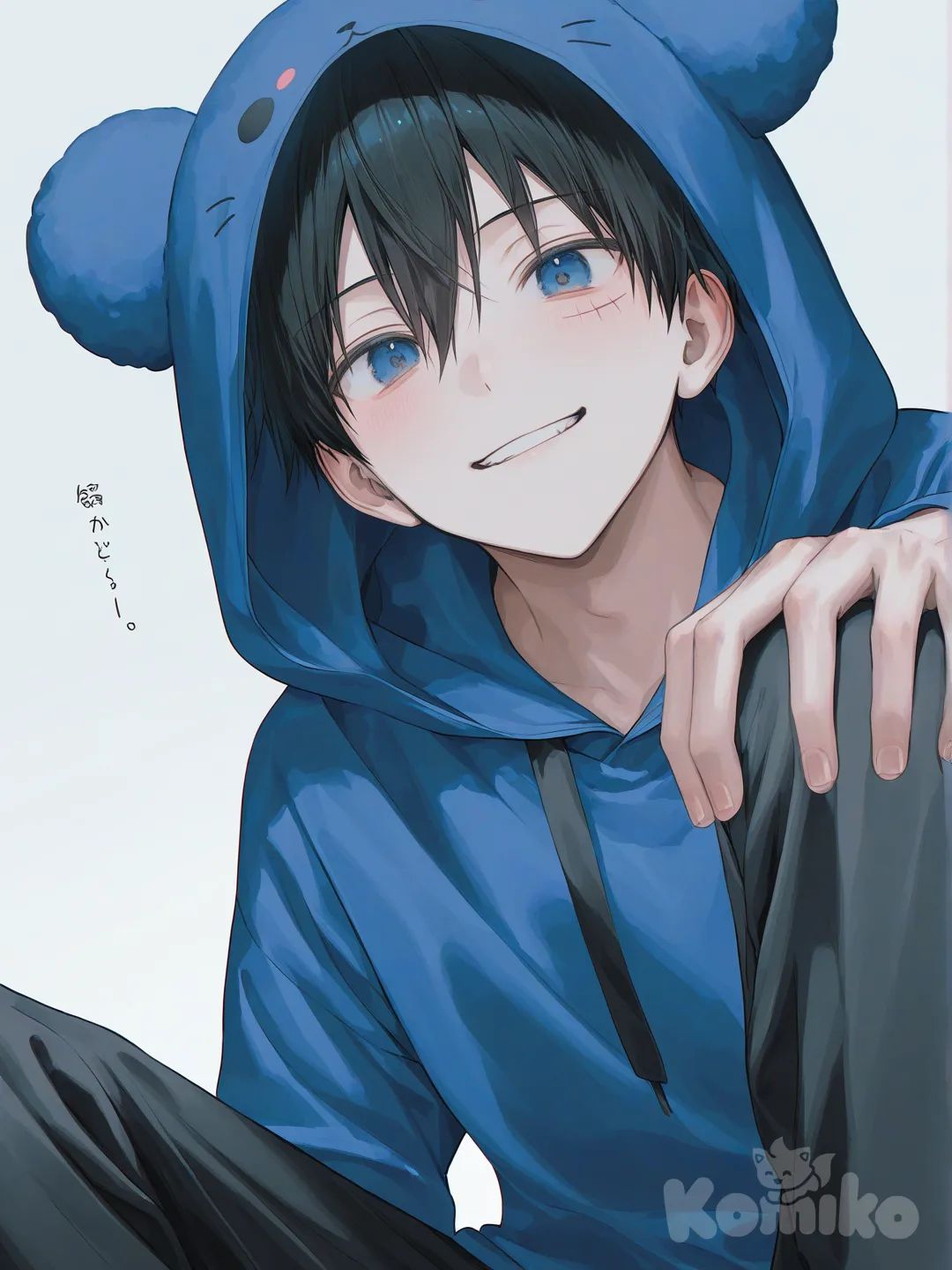 1boy, [soft-pastel-style], sitting on the ground,blue hoodie, headshot, portrait looks like luffy