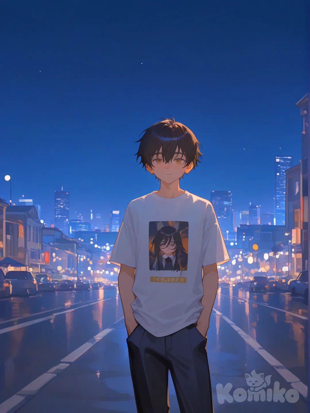 1boy, [soft-shading-style], hands in pockets, t-shirt, looking at viewer, city lights