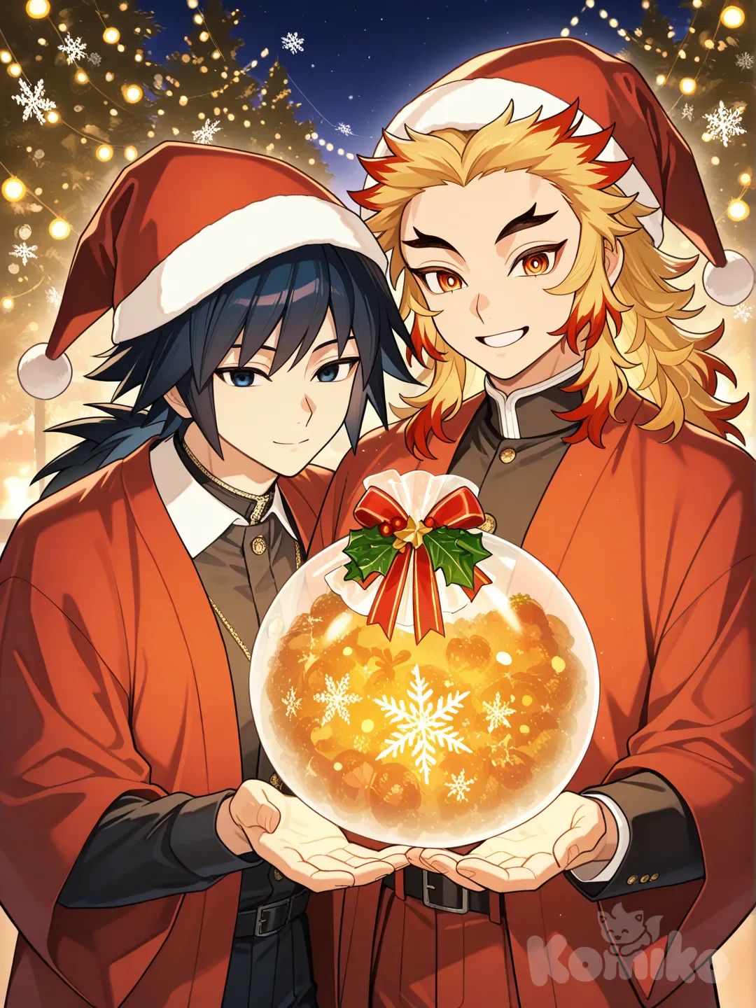 @Tomioka_Giyuu, @Rengoku_Kyoujurou Christmas background Christmas hat smiling