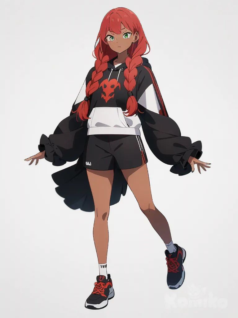 1girl, athletic, red hair, long hair, braids, green eyes, freckles, tan skin, vampire, single character, full body, looking at viewer, anime style, simple background, white background