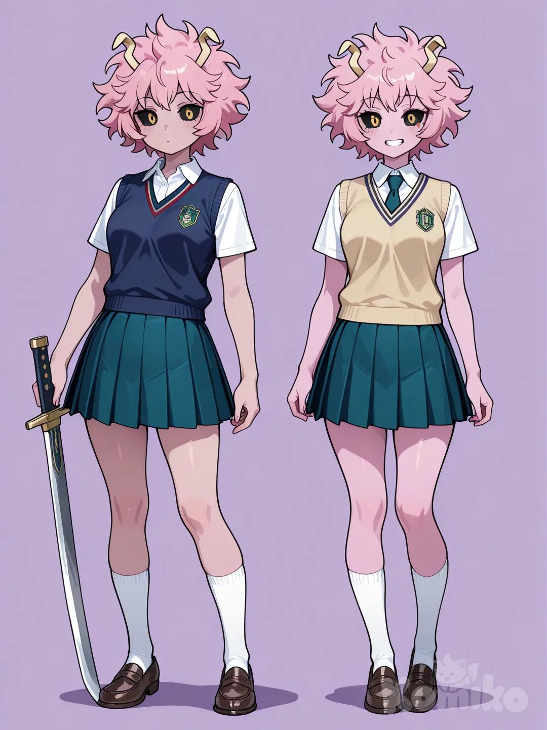 2girls, holding sword, polo shirt, school vest, full body, Ashido Mina
