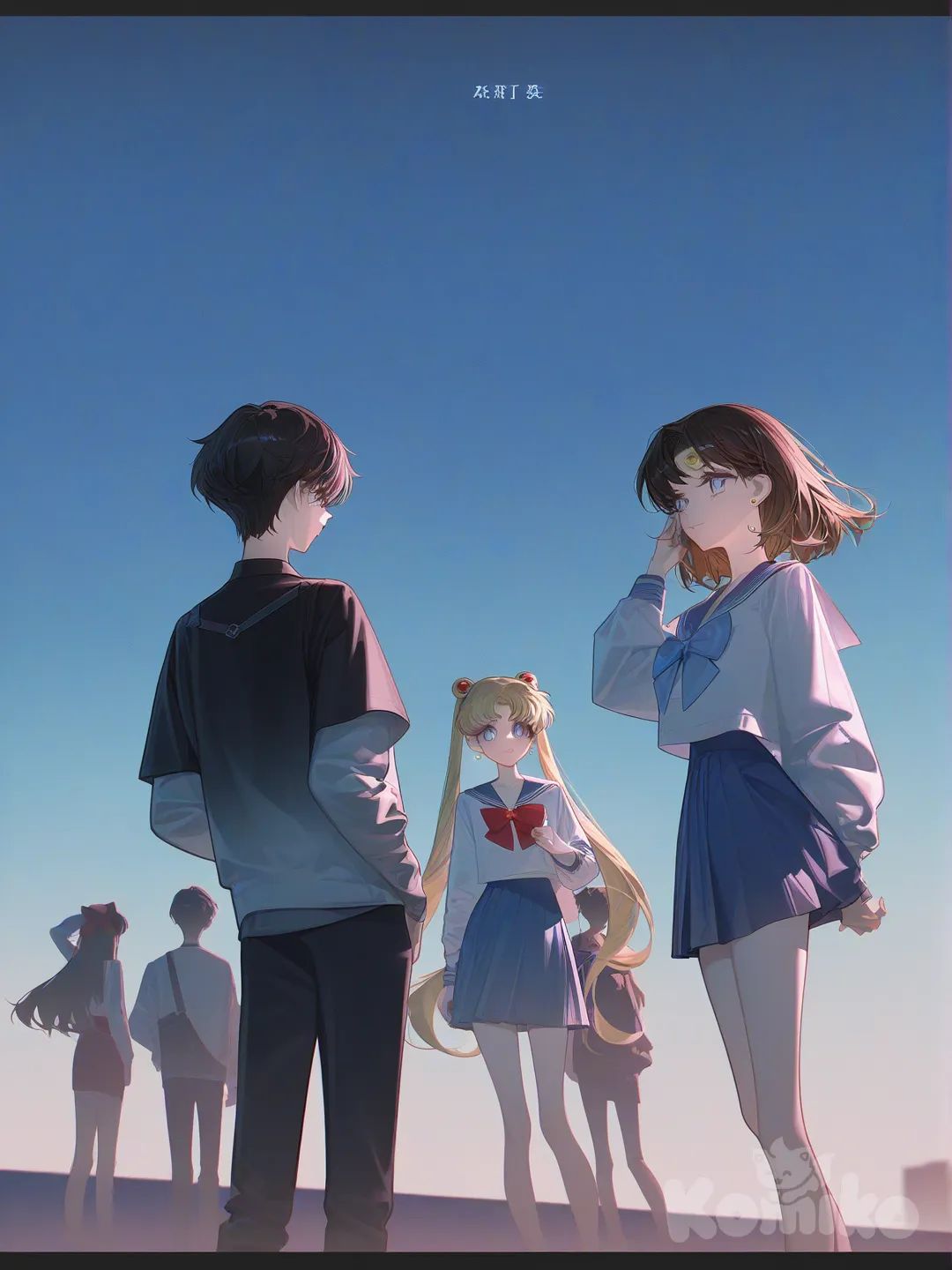2boys, 1girl, @Tsukino_Usagi, @Aino_Minako, @Mizuno_Ami, [high-contrast-glossy-style], blue sky