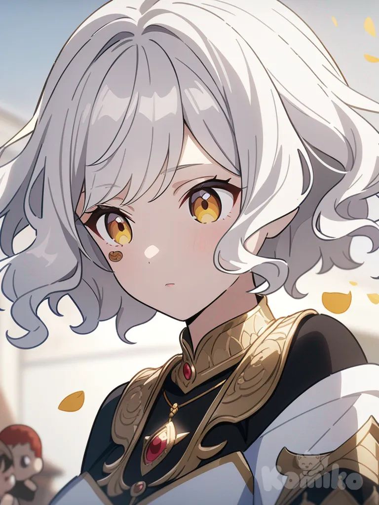 1girl, chibi, anime coloring, stickers, different faces, mature, white hair, wavy hair, short hair, gold eyes, fair skin, goddess