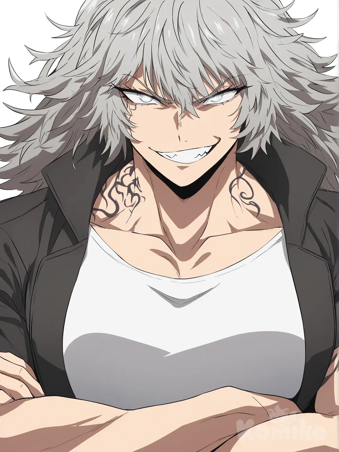 [bright-anime-style] 1girl, solo, tall, muscular_female, defined_muscles, sharp_jawline, high_cheekbones, silver_eyes, silver_hair, messy_hair, hair_highlight, smirk, showing_teeth, black_jacket, white_shirt, tight_clothes, tattoo, tattoo_on_arm, tattoo_on_neck, glowing, arms_crossed, full_body, looking_at_viewer, anime_style, simple_background, white_background