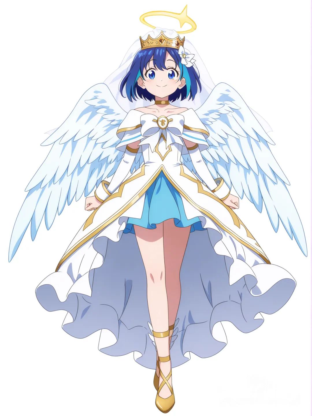 [pop-anime-style] 1girl, angel, teenager, blue hair, undercut, blue eyes, fair skin, angelic clothing, crown-like halo, hair accessory, wedding veil, angel wings, diamonds, single character, full body, looking at viewer, anime style, simple background, white background