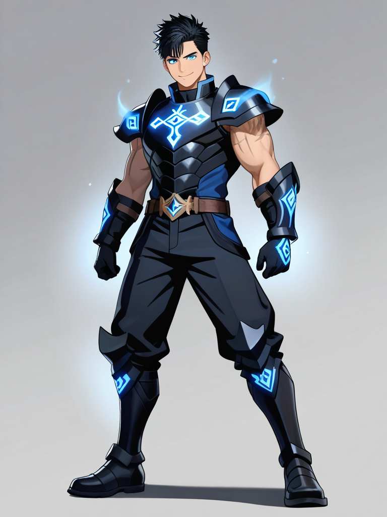 1boy, tall, muscular, blue_eyes, black_hair, windswept_hair, scar, smirk, dynamic_pose, black_armor, glowing_runes, charismatic, single character, full body, looking at viewer, anime style, simple background, white background