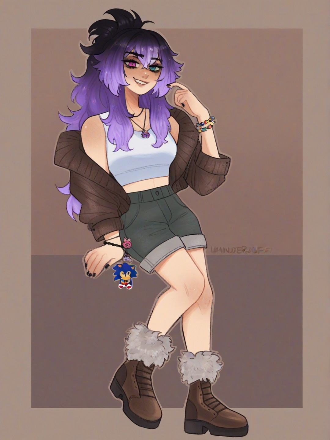 [soft-shaded-moe-style] 1girl, original_character, sonic_the_hedgehog_(series), anthropomorphic, mature, lavender_fur, heterochromia, brown_jacket, fur_trim, high_waisted_shorts, white_croptop, boots, charm_bracelet, smirk, single_character, full_body, looking_at_viewer