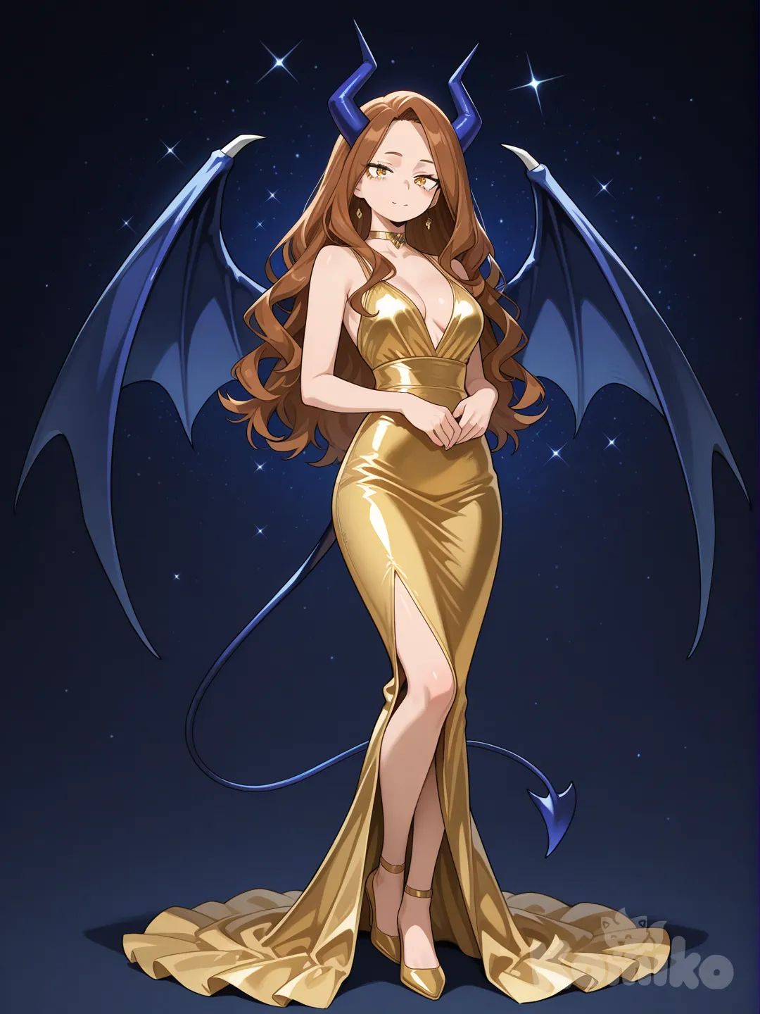 @ophilia-demazure-4K64, formal clothes, golden dress, night, full body