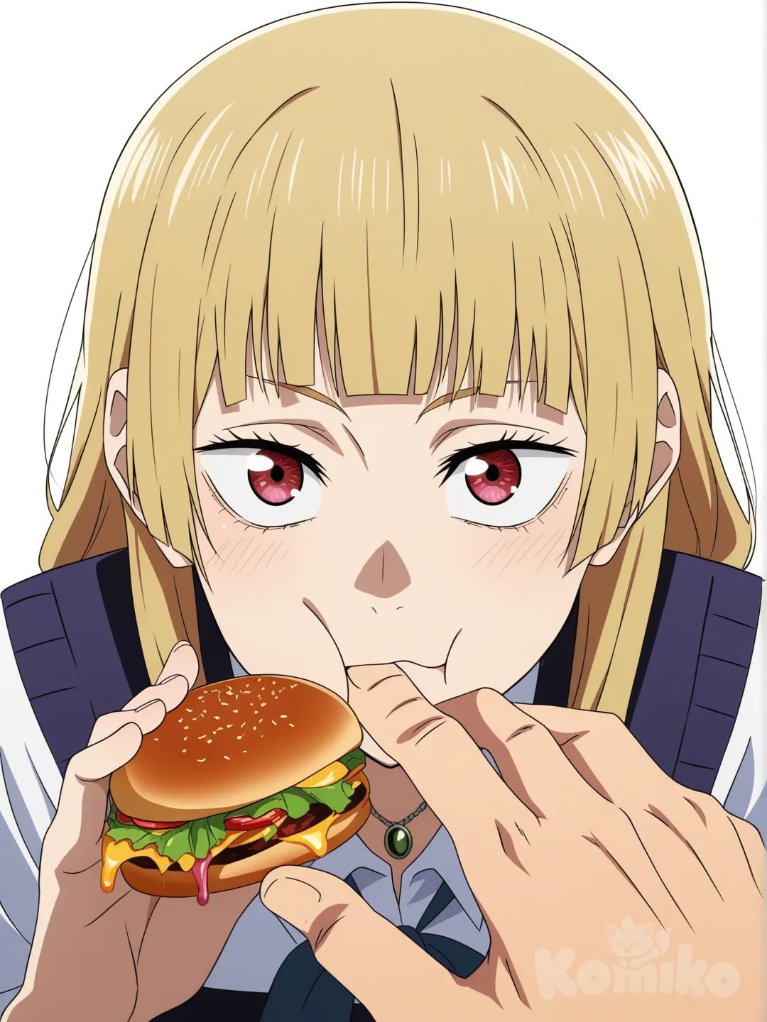 [pop-anime-style] 1boy, 1girl, yuji_itadori, curvy, petite, short, slim, cute, adorable_face, long_blonde_hair, straight_hair, bangs, red_eyes, pale_skin, school_uniform, necklace, boy next to girl eating lunch, full_body, looking_at_viewer, jujutsu_kaisen_style, simple_background, white_background