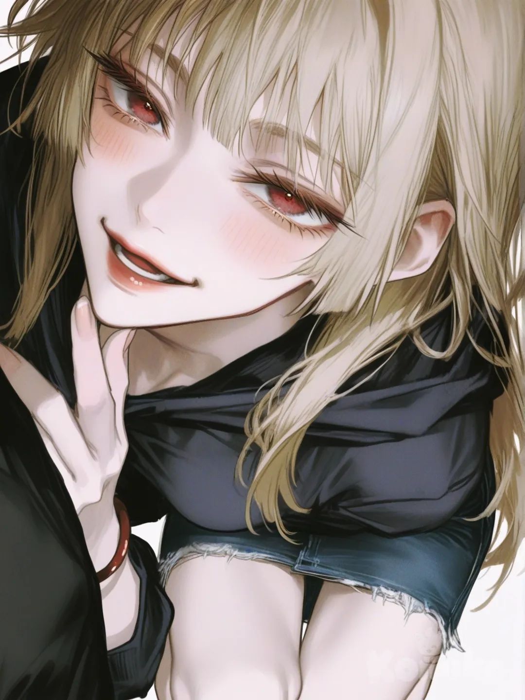 [semi-realistic-portrait-style] 1boy, 1girl, yuji_itadori, jujutsu_kaisen, short, petite, curvy, blonde_hair, long_hair, straight_hair, bangs, red_eyes, pale_skin, denim_skirt, hoodie, bracelet, jewelry, laughing, full body, looking at viewer, anime style, simple background, white background