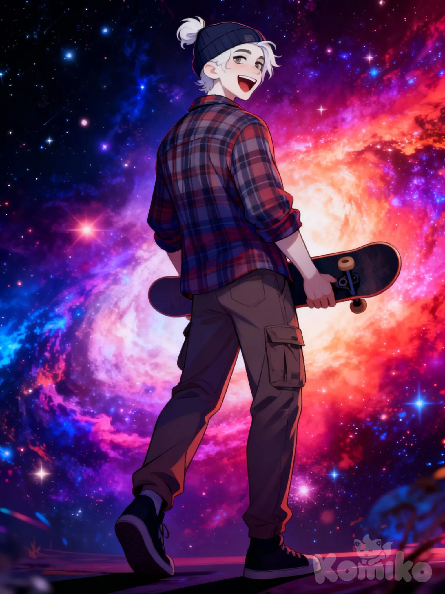 De pies a cabez, @elian-voss-4mIp, laughing, plaid shirt, cargo pants, beanie, skateboard, man bun, ivory white, looking back, full body, cosmic background