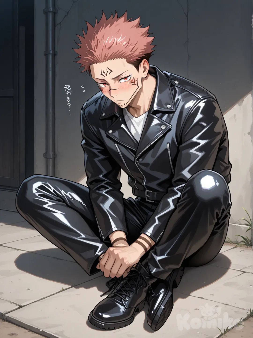 @Ryoumen_Sukuna_(Jujutsu_Kaisen), sitting on the ground, blush, leather jacket, leather pants,full body