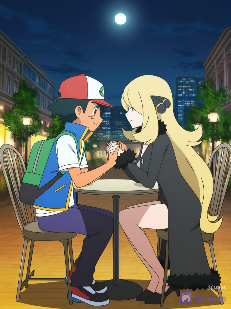Ash y Cynthia teniendo una cita