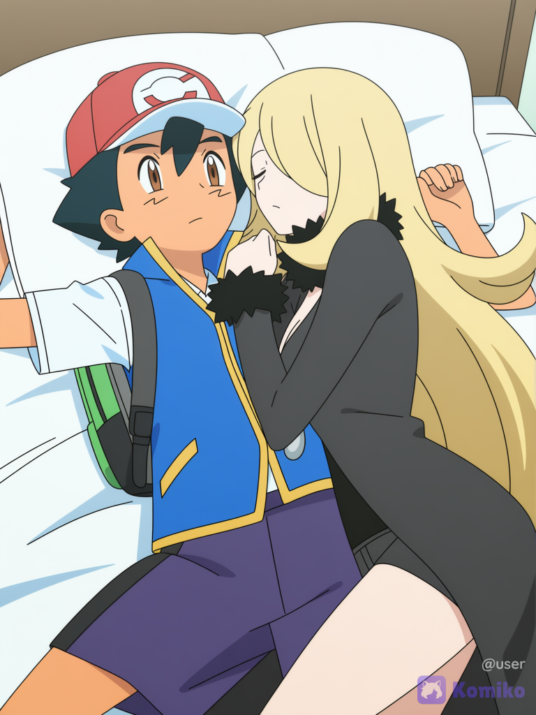Ash y Cynthia en un momento tierno