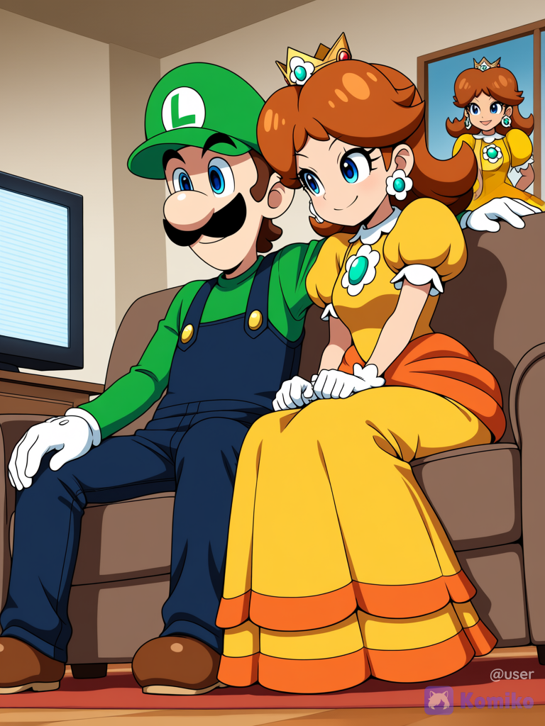Luigi y Daisy viendo televisión