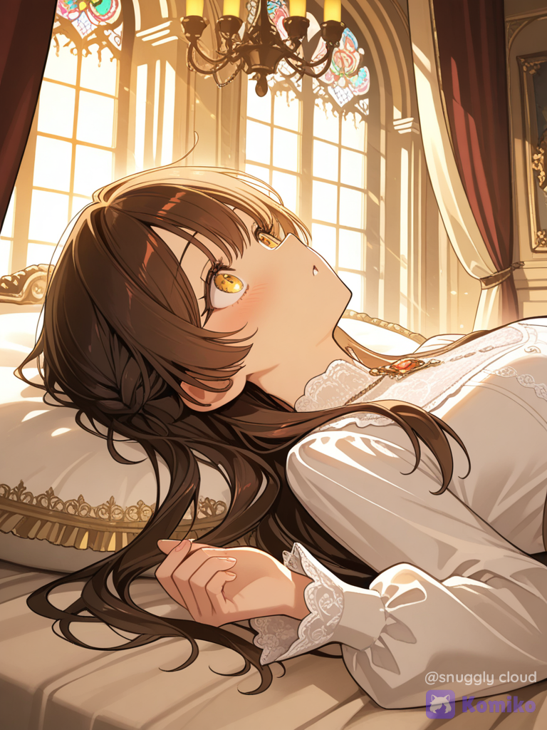 A beautiful young woman opening her eyes inside a luxurious royal bedroom, golden morning light stre