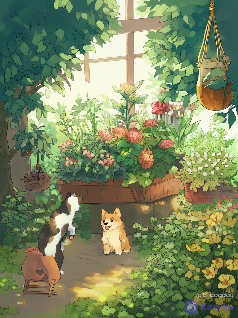 Un perrito y un gatito en un jardín... Jugando solitos😌