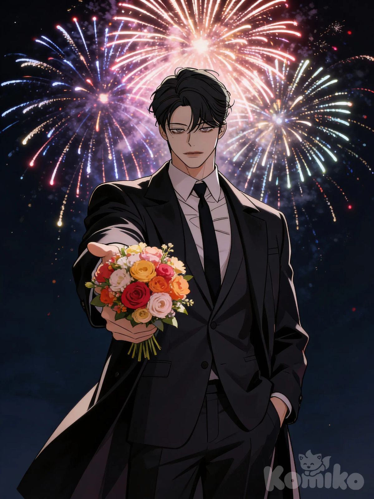 A stylish manhwa-style man standing confidently, one hand in his pocket, the other holding a bouquet of flowers extended forward as if offering it to you. He wears a sleek coat over a suit. Dark night sky with realistic, colorful fireworks exploding above. Dramatic, moody lighting with a realistic yet artistic atmosphere. high-quality anime/manhwa art style, sharp, cinematic, slightly romantic vibe.