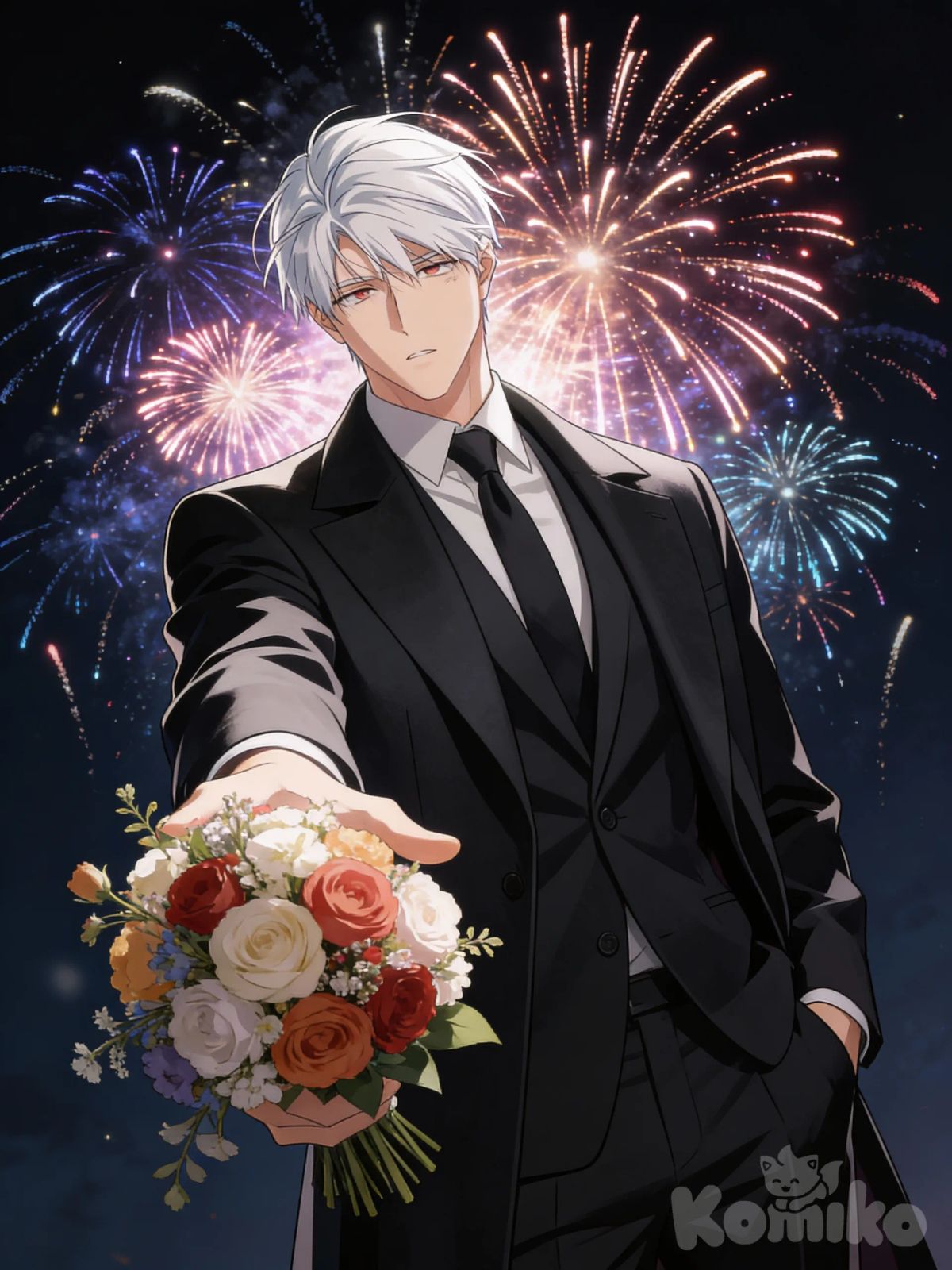 A stylish manhwa-style man standing confidently, one hand in his pocket, the other holding a bouquet of flowers extended forward as if offering it to you. He wears a sleek coat over a suit. Dark night sky with realistic, colorful fireworks exploding above. Dramatic, moody lighting with a realistic yet artistic atmosphere. high-quality anime/manhwa art style, sharp, cinematic, slightly romantic vibe.