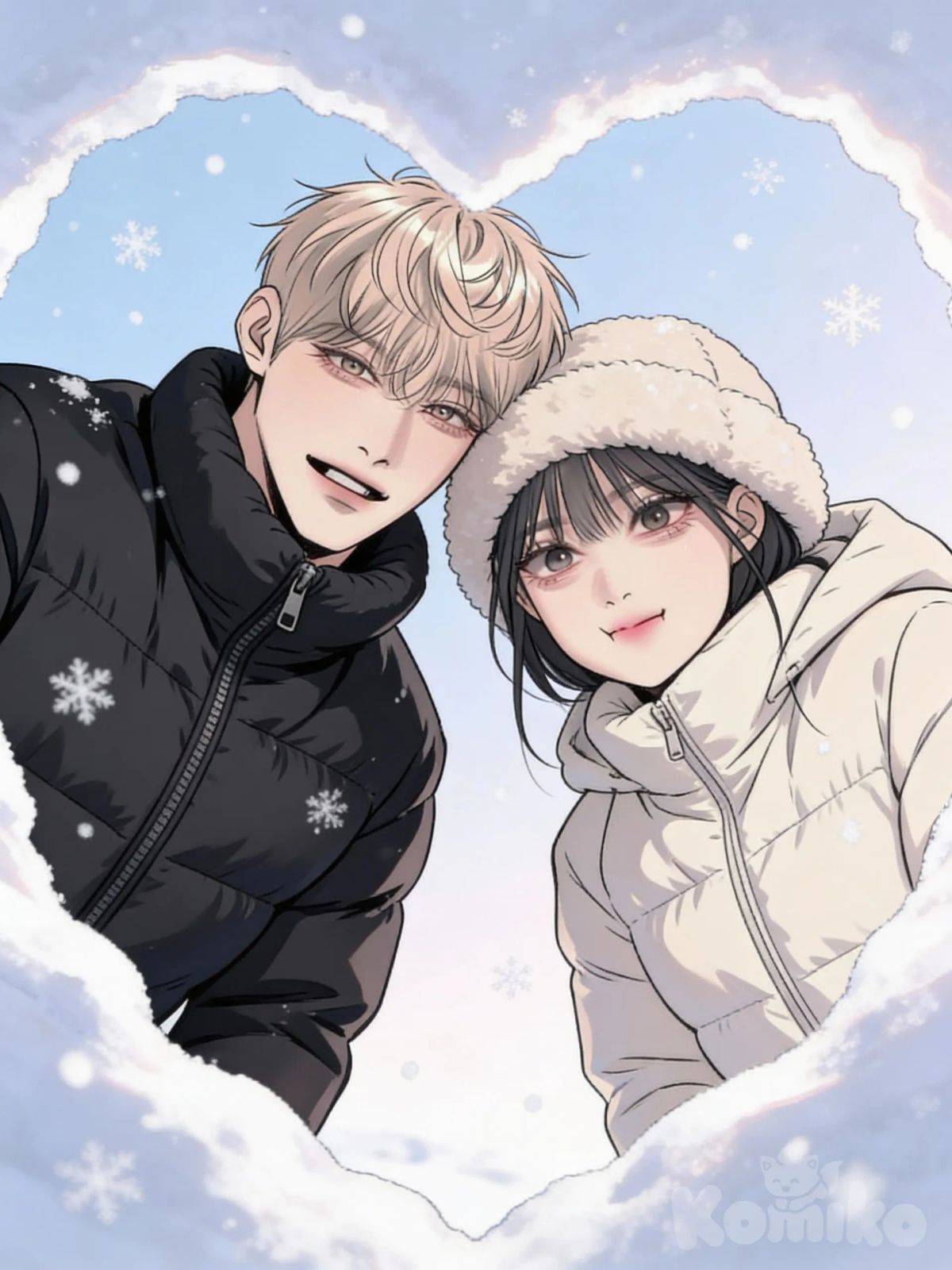A soft, romantic manhwa-style illustration of a couple viewed from a low angle, as if the viewer is looking up at them through a heart-shaped opening in the snow.

The man is leaning slightly forward, looking directly at the camera with his full face clearly visible. He is wearing a black puffer jacket zipped up, giving a cozy winter look.

The woman stands beside him, also leaning forward and looking straight at the camera, wearing a light-colored winter puffer jacket and a padded winter hat.

Snow gently falls around them, with soft flakes visible in the air. The background is a pale winter sky, creating a calm and dreamy atmosphere.

The mood is cute, warm, and intimate, contrasting the cold winter setting.

Drawn in clean manhwa/webtoon art style, smooth linework, soft shading, pastel winter tones, expressive eyes, gentle lighting, 2D illustration only, not photorealistic, not real people.