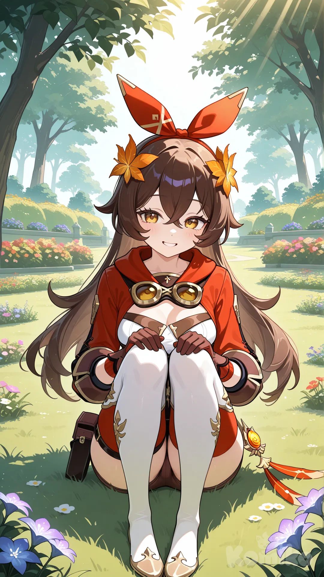 @Amber_(Genshin_Impact), sitting in garden, leaf crown on head, smiling