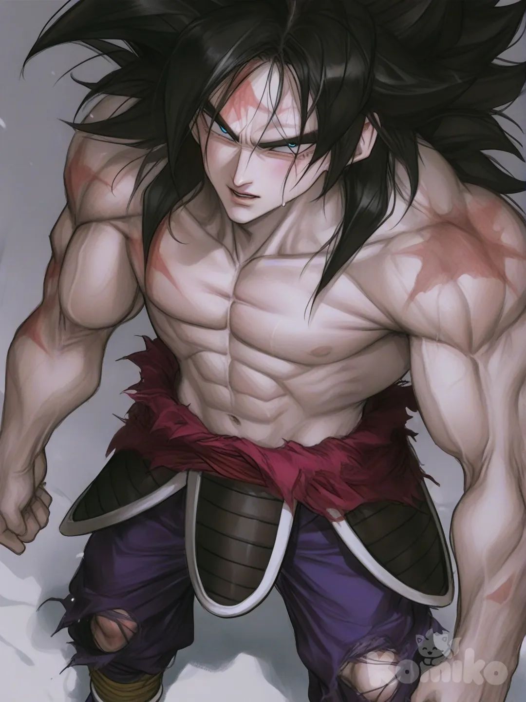 ultra 8K. Full-body portrait of Vegetto (Dragon Ball Z) as a permanent fusion in a desolate future. His physique is massively powerful: exaggeratedly broad shoulders, a barrel chest with hyper-defined pectoral striations, and a sharply chiseled eight-pack abdomen. His left arm is enormous, with a bulging, peaky bicep and thick, ropy forearm veins. His right arm is entirely missing at the shoulder, leaving a concave area of knotted, scar tissue. A thin, pale scar runs down his left cheek. A starburst-shaped, rough burn scar is visible on his right pectoral. He wears only the tattered remnants of dark blue Saiyan armor pants, torn off above the knees and frayed at the edges, hanging low on his hips. His hair is the classic Vegito style but longer, wilder, and with strands sticking to his sweaty skin. His expression is weary yet defiant, with piercing, serious eyes that hold a mix of Goku's warmth and Vegeta's severity. Dramatic sunset lighting in a ruined cityscape, casting long shadows that accentuate his muscular definition and scars. Dust particles in the air. Style: a fusion of Akira Toriyama's character design with the realistic, gritty painting style of Greg Rutkowski and the dynamic energy of Yoji Shinkawa. - [semi-realistic-portrait-style]