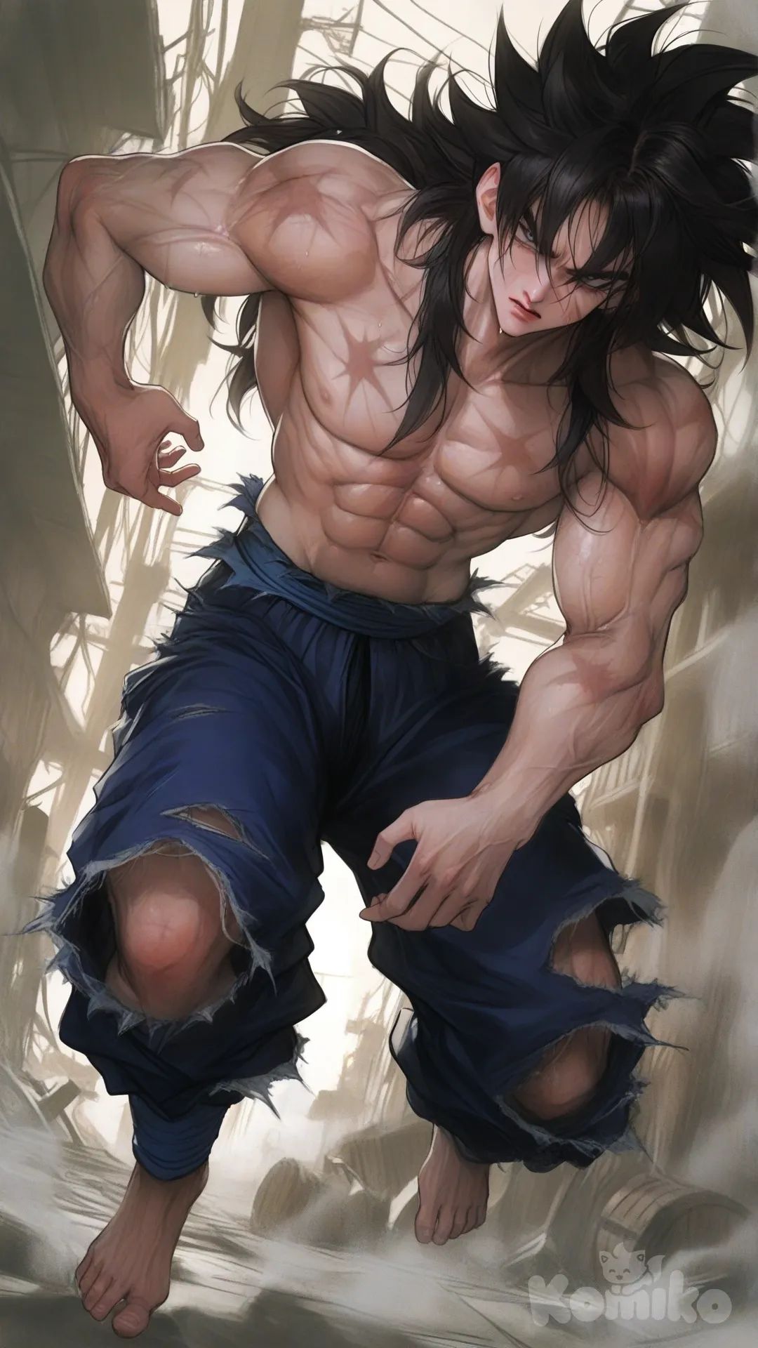 ultra 8K. Full-body portrait of Vegetto (Dragon Ball Z) as a permanent fusion in a desolate future. His physique is massively powerful: exaggeratedly broad shoulders, a barrel chest with hyper-defined pectoral striations, and a sharply chiseled eight-pack abdomen. His left arm is enormous, with a bulging, peaky bicep and thick, ropy forearm veins. His right arm is entirely missing at the shoulder, leaving a concave area of knotted, scar tissue. A thin, pale scar runs down his left cheek. A starburst-shaped, rough burn scar is visible on his right pectoral. He wears only the tattered remnants of dark blue Saiyan armor pants, torn off above the knees and frayed at the edges, hanging low on his hips. His hair is the classic Vegito style but longer, wilder, and with strands sticking to his sweaty skin. His expression is weary yet defiant, with piercing, serious eyes that hold a mix of Goku's warmth and Vegeta's severity. Dramatic sunset lighting in a ruined cityscape, casting long shadows that accentuate his muscular definition and scars. Dust particles in the air. Style: a fusion of Akira Toriyama's character design with the realistic, gritty painting style of Greg Rutkowski and the dynamic energy of Yoji Shinkawa. - [semi-realistic-portrait-style]