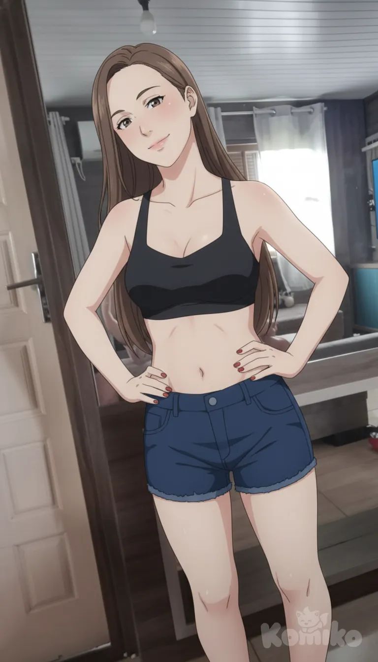 Tight shorts, black bra, very small breasts, 1girl, anime style