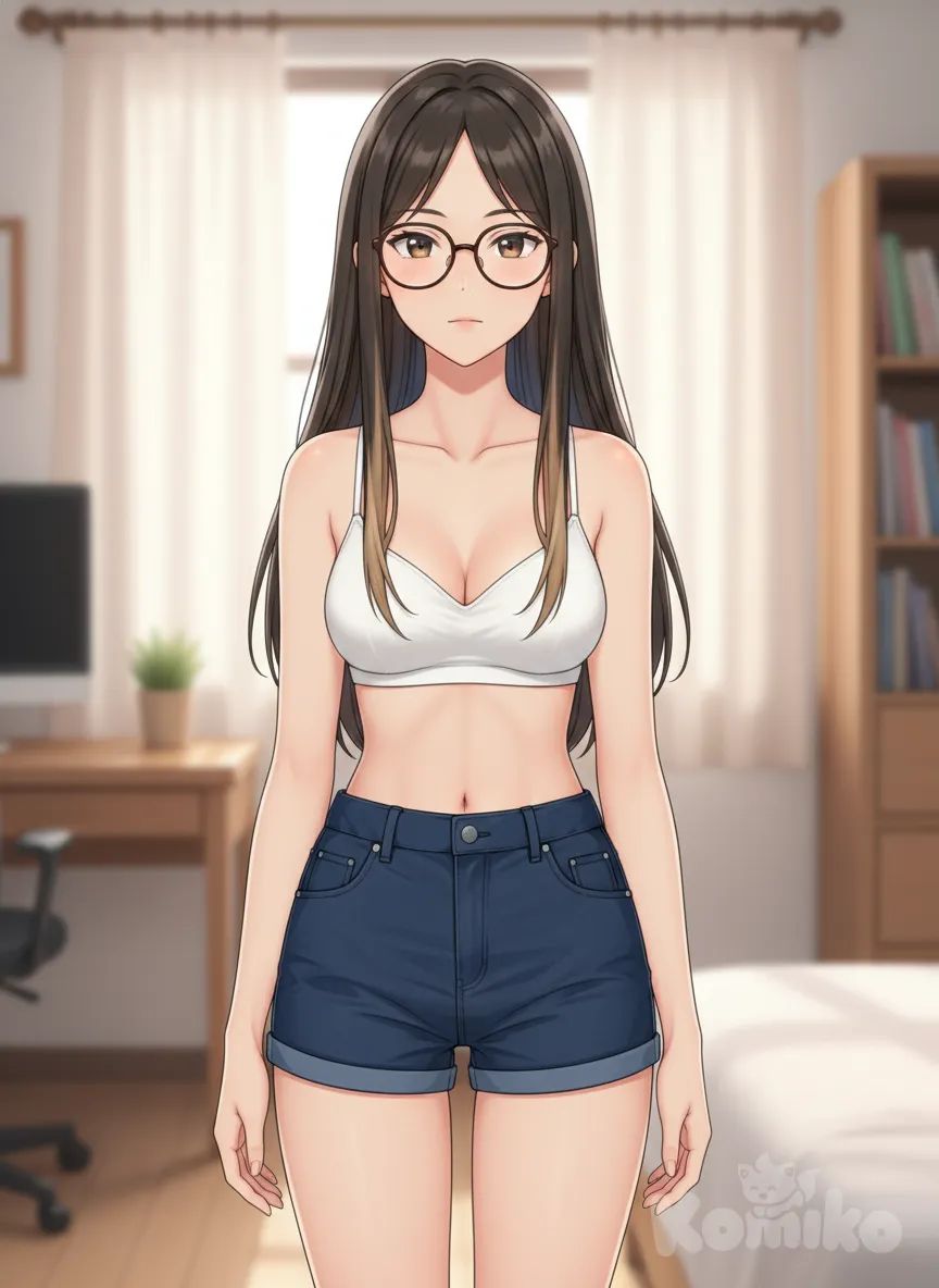 1girl, White bra, small breasts, tight shorts, full body shot. , anime style