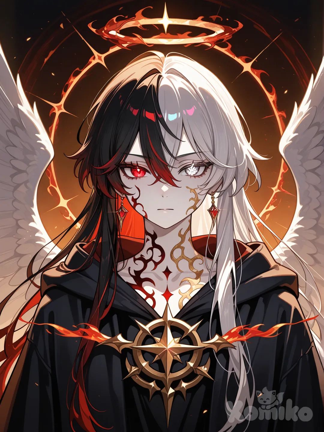 A stunning fantasy portrait of a majestic androgynous being standing in perfect symmetrical balance, embodying the eternal duality of celestial angel and shadow demon. The left half radiates divine light with luminescent pale skin, nacre-white wings cracked with golden veins, flowing silver hair, and a rose-gold eye that glows like dawn, while the right half embodies darkness with obsidian skin veined in incandescent red, a demonic wing with ember-like reflections, black hair streaked with fire-red highlights, and a burning crimson eye like living coal. The body is divided by a crackling line of energy where light and shadow spiral together, creating a powerful bicolored aura of golden halos merging with dark flames. Semi-ethereal robes of fused white and black fabric drape the figure with ancient glowing symbols etched across the skin, set against an epic fantasy backdrop with dramatic chiaroscuro lighting that emphasizes the intense contrast between divine radiance and infernal shadow.