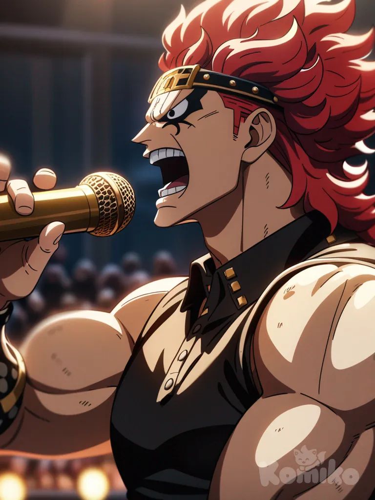eustass kid,red hair ,one piece, polo shirt, upper body, from back side, official style, singing
