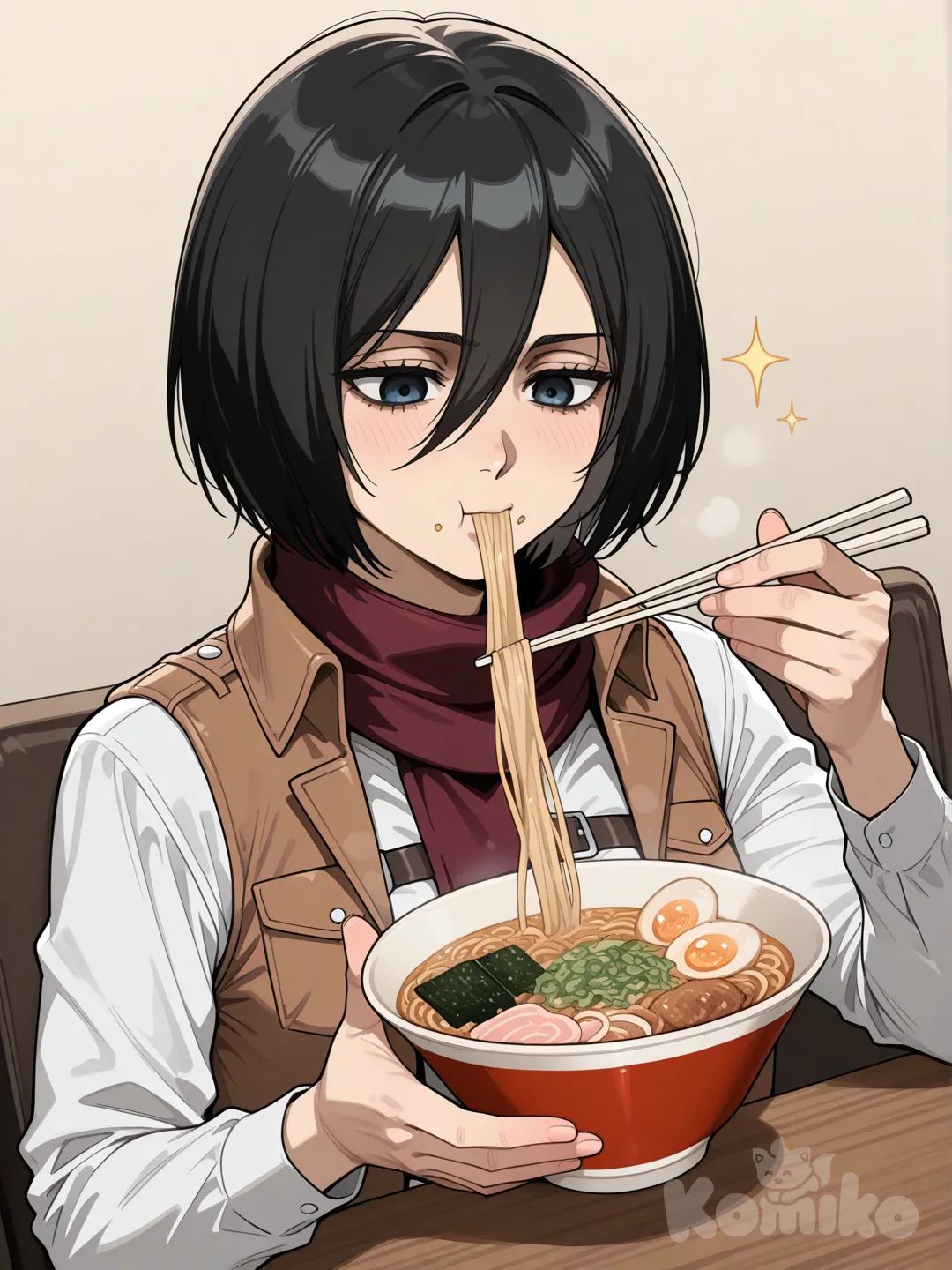 mikasa ackerman, shingeki no kyojin, [glossy-anime-style] eating ramen, vest, upper body