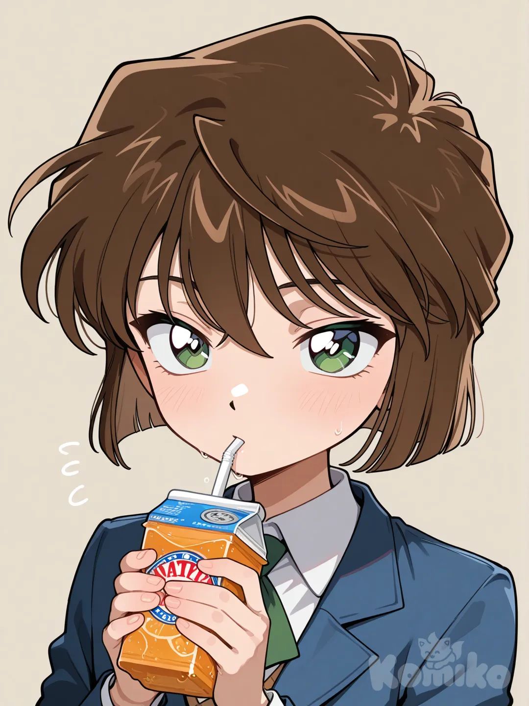 Ai haibara, detective Conan, [glossy-anime-style], drinking juice, school uniform, upper body