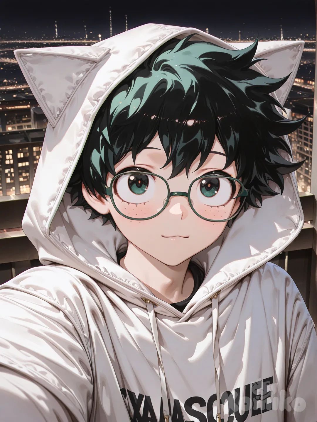 midoriya izuku, [high-gloss-illustration-style], hood up, green-framed eyewear, selfie, city lights, night,1boy