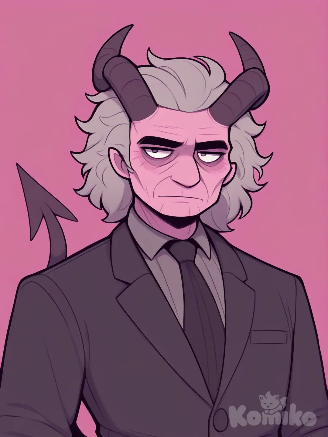 An incredibly handsome tiefling man, with a flesh-colored pink skin tone, gray hair, of advanced age, wearing an expensive suit., portrait, [pop-toon-style]