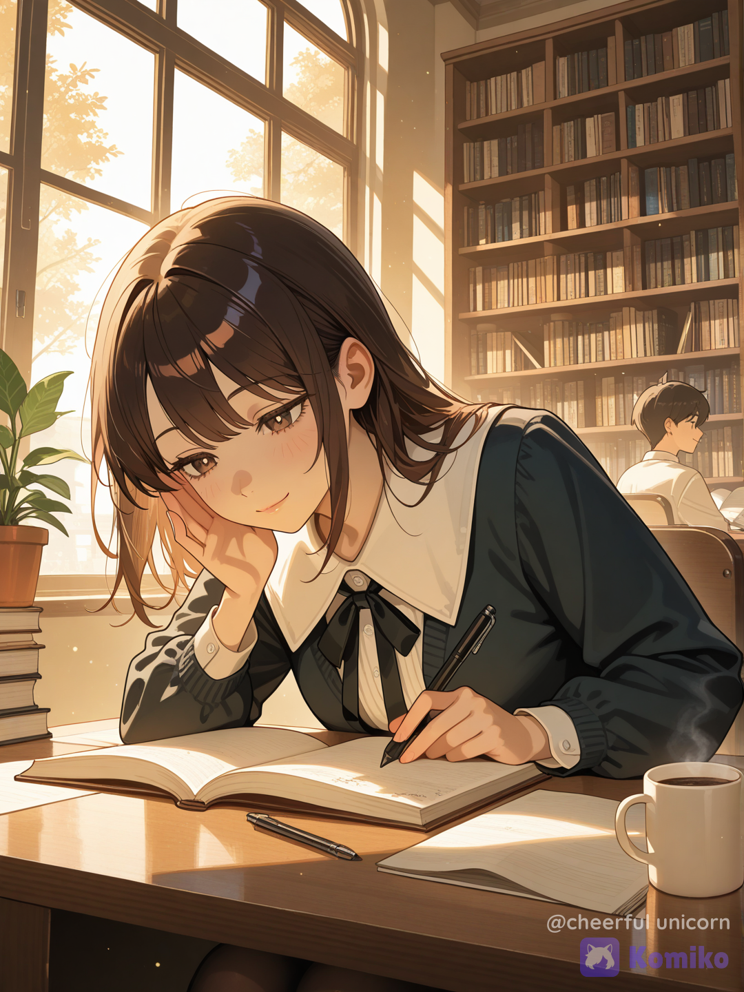 A girl reading in a library, wants a boy to notice her